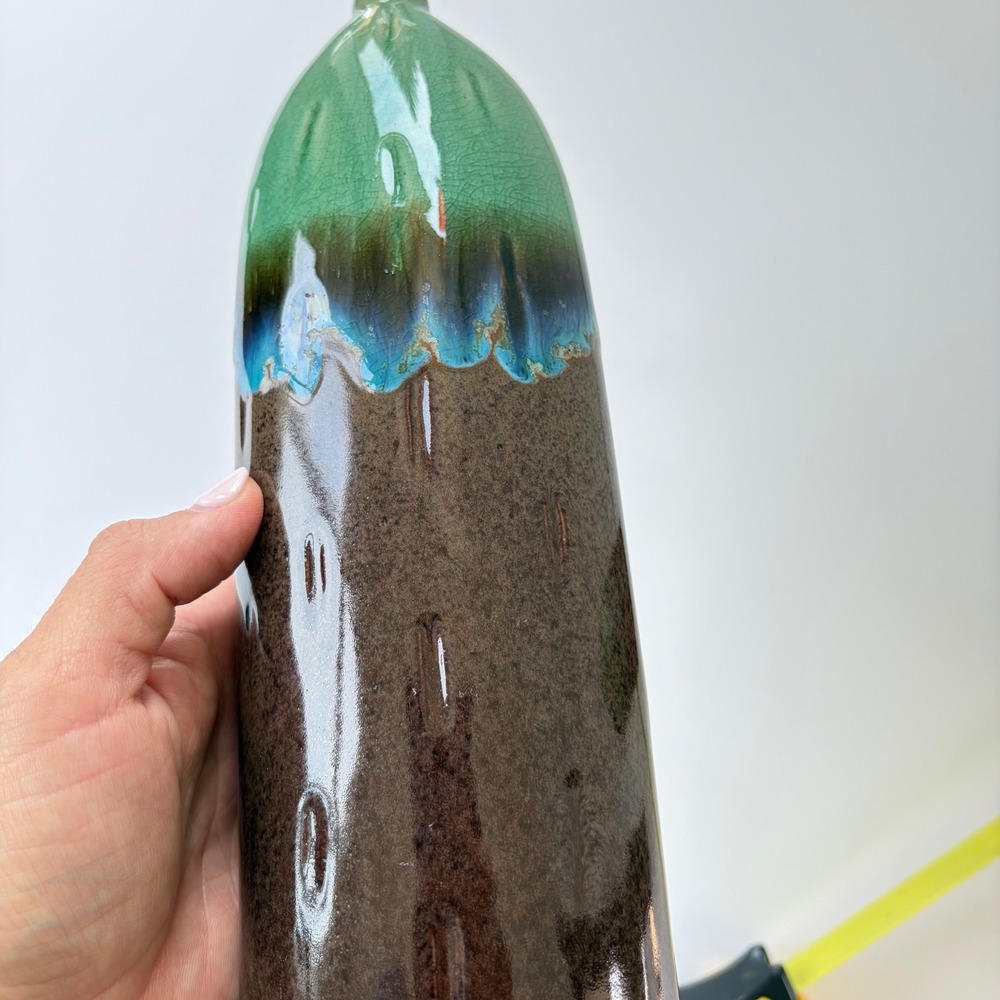 Hostess Potteries Drip Glaze Ceramic Bud Vase Set 2 Green Brown Blue 10.5" 2005 - Picture 8 of 9